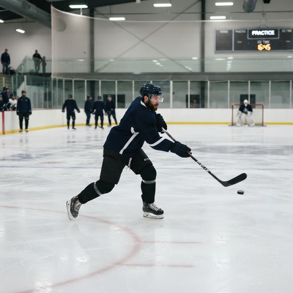 Adult recreational hockey player taking a wrist shot