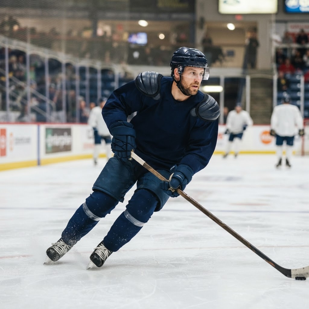 Hockey player wearing properly fitted shoulder pads on the ice