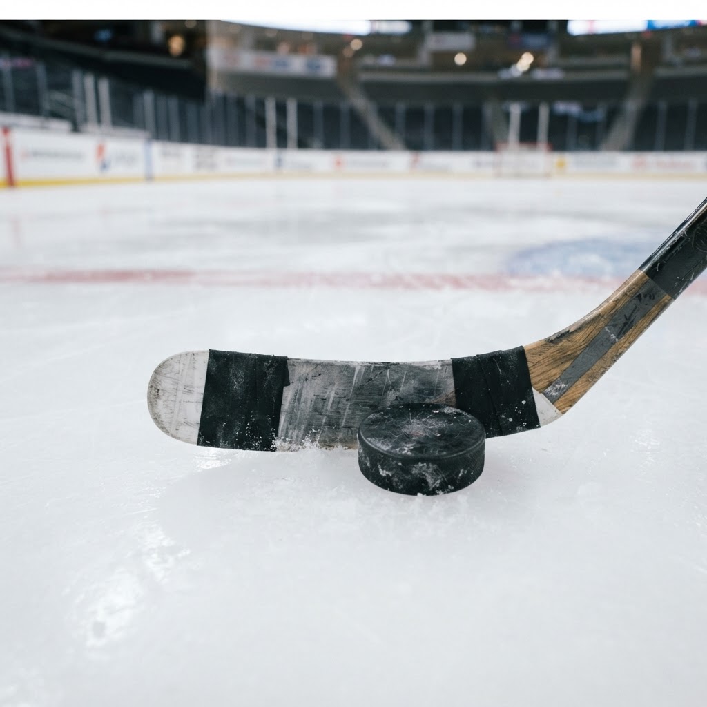 Hockey stick blade and puck on the ice