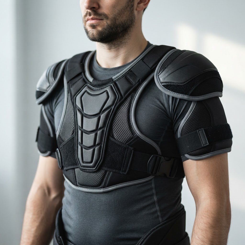 Close-up of sternum protection on hockey shoulder pads