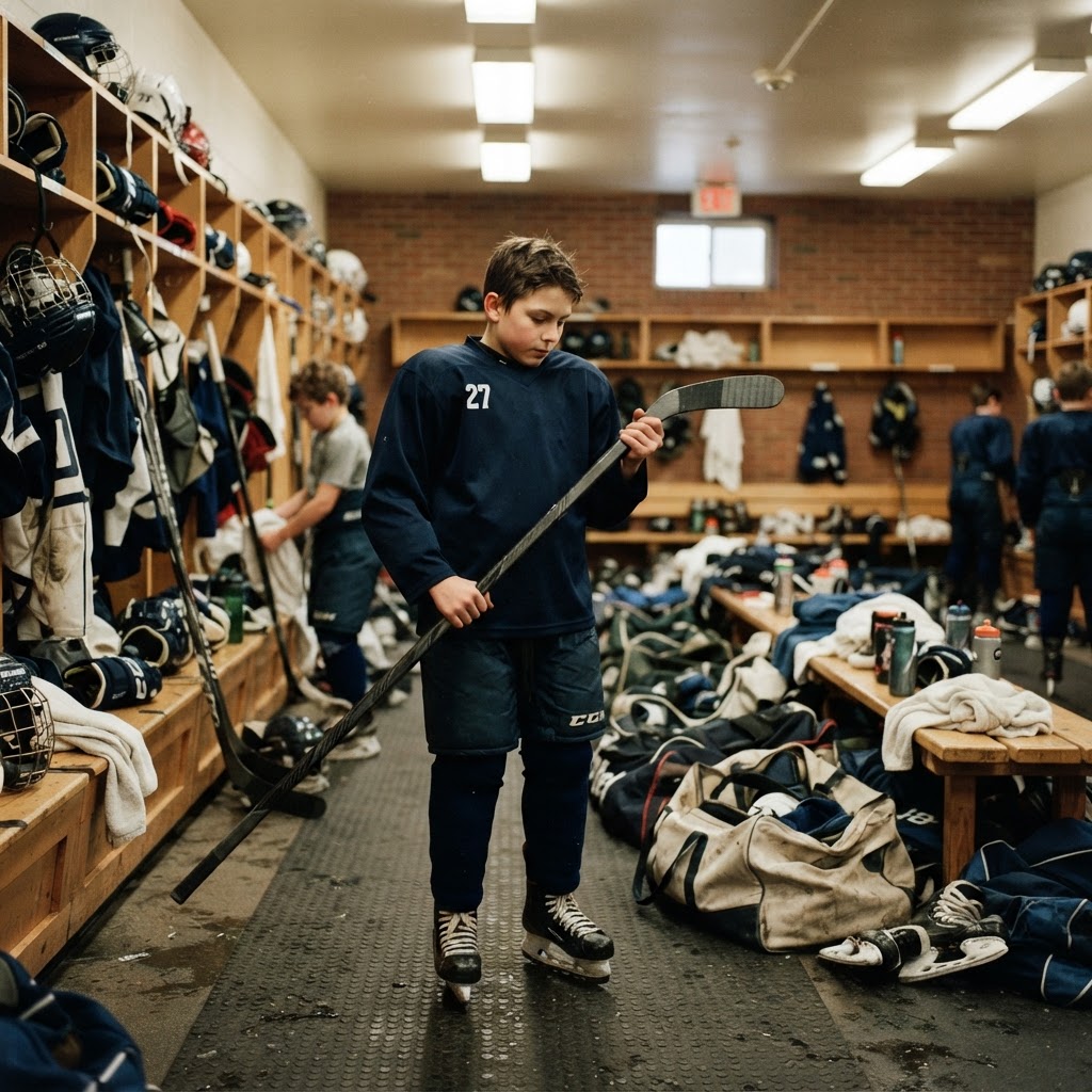 Youth hockey player choosing a lightweight stick