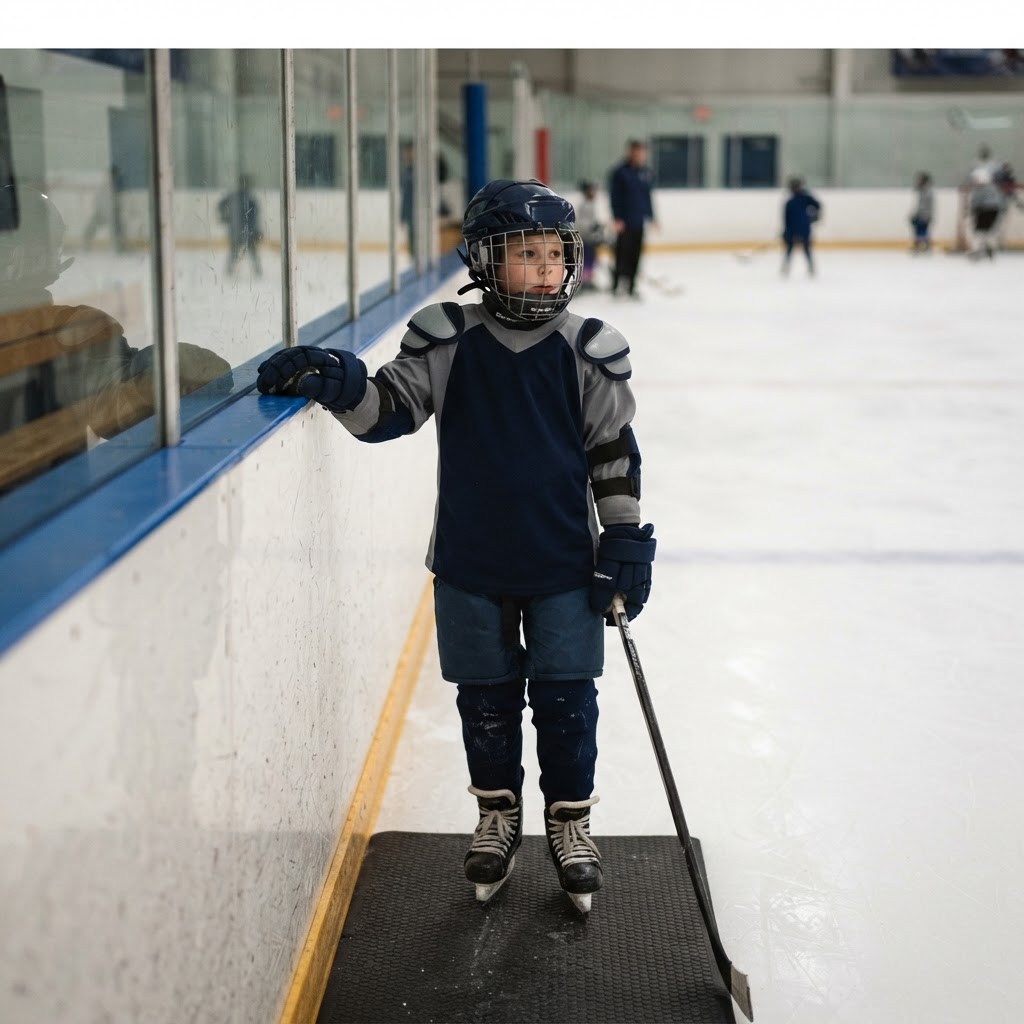 Youth hockey player wearing protective shoulder pads