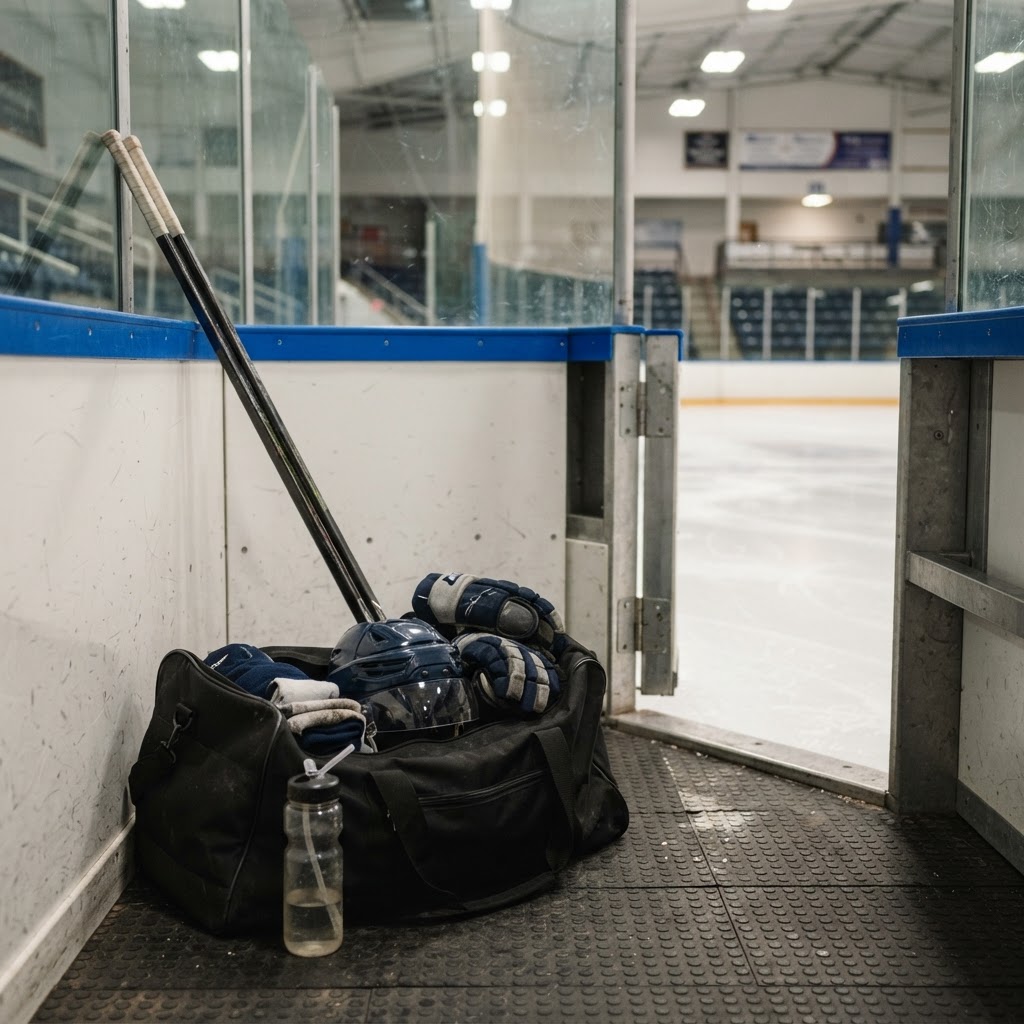 Organized hockey gear bag beside an ice rink
