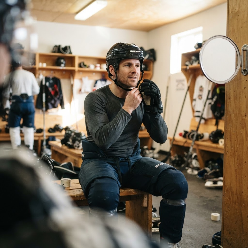 Adult recreational player fitting hockey helmet and gloves