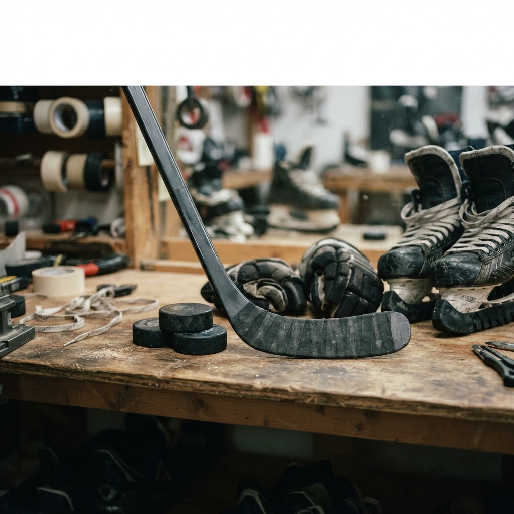 Hockey stick flex and blade tape on a workbench