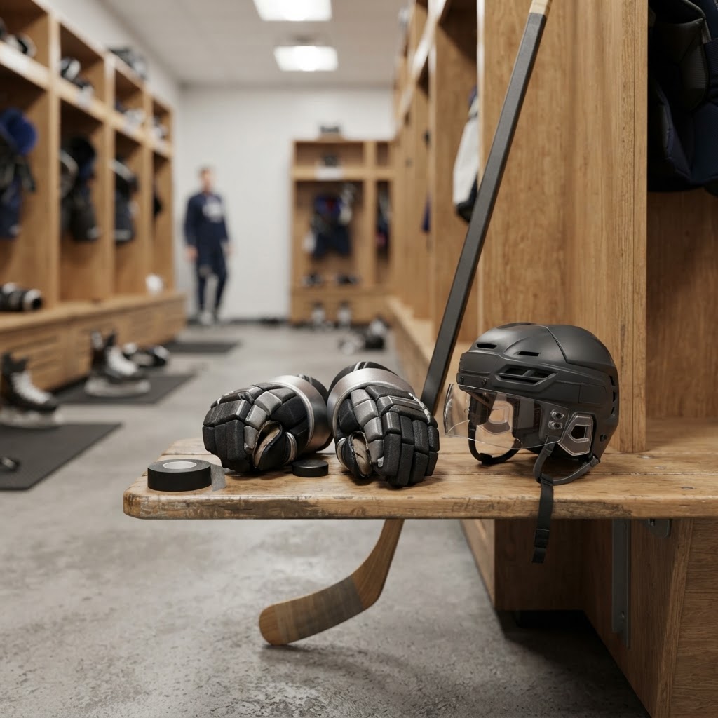 Hockey gloves arranged with other equipment