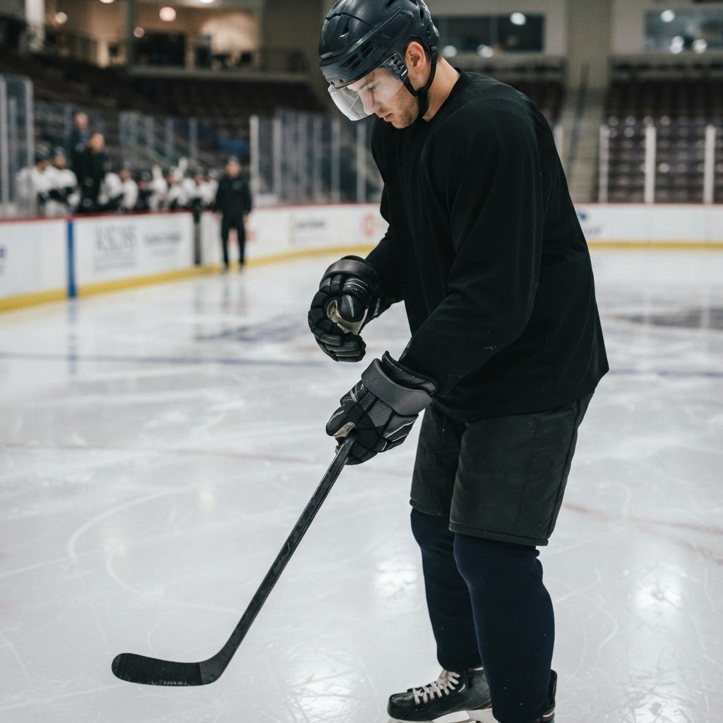 Hockey player testing glove grip with a stick