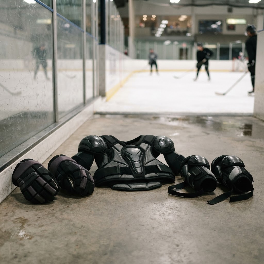 Hockey gloves and protective gear arranged rink-side