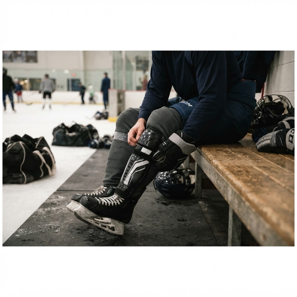Player checking shin guard fit under hockey socks at the rink