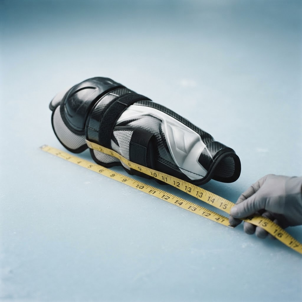 Tape measure beside a shin guard to illustrate correct sizing