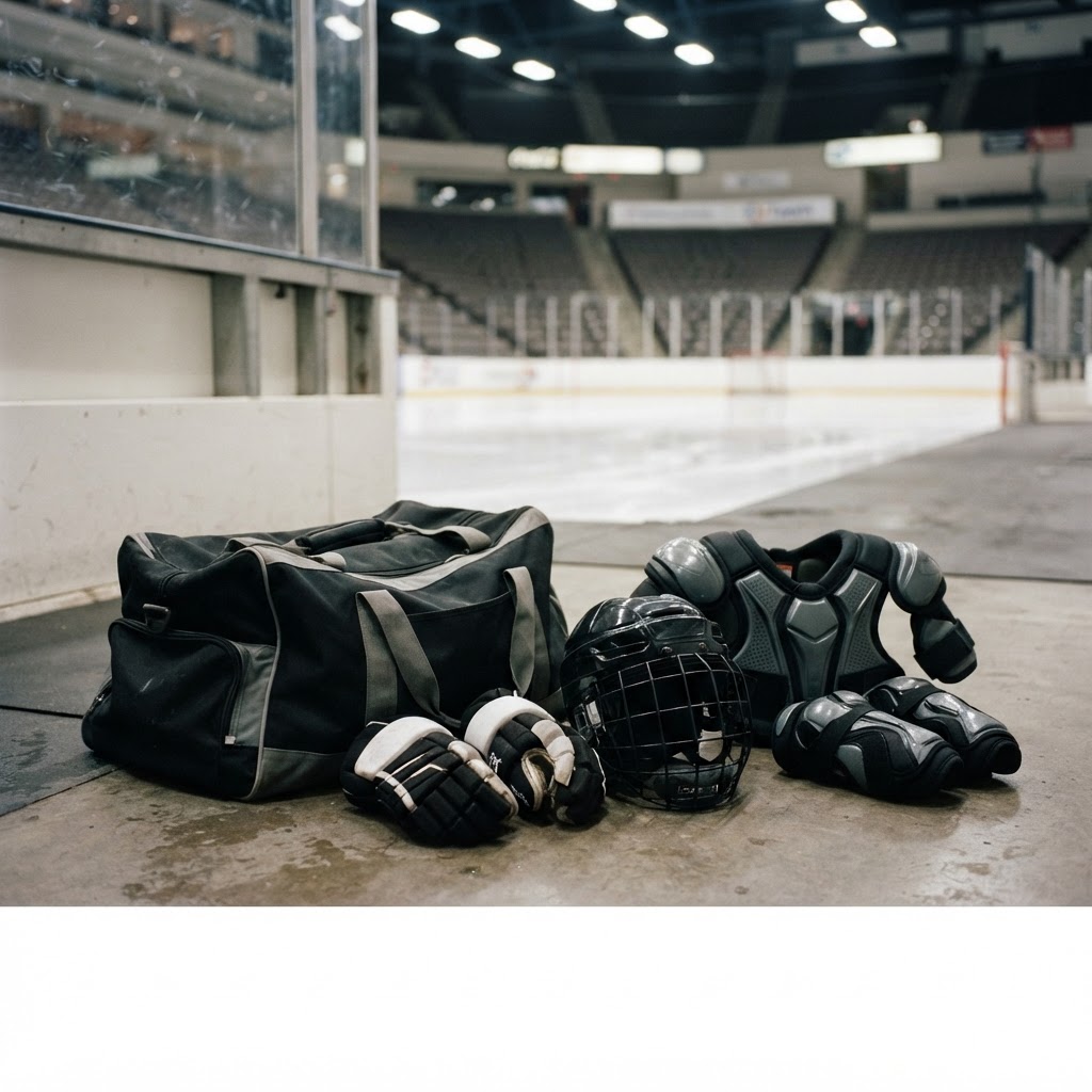 Ice hockey shoulder and elbow pads on a locker room bench