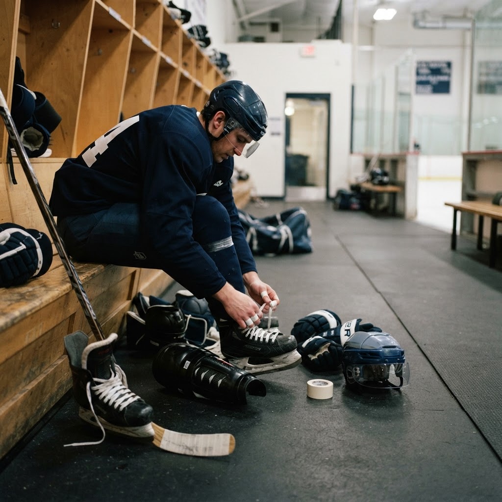 Hockey skates and shin guards ready beside an indoor rink