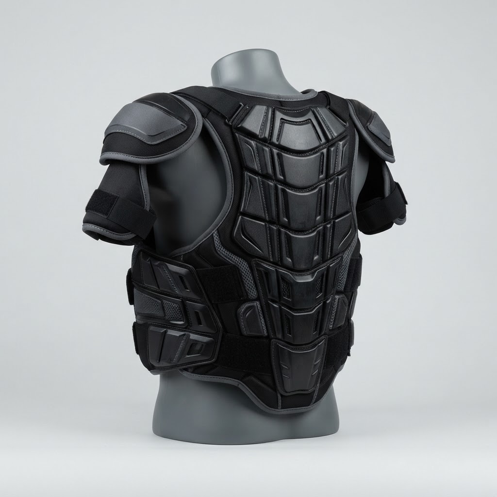 Back plate and rib protection on hockey shoulder pads