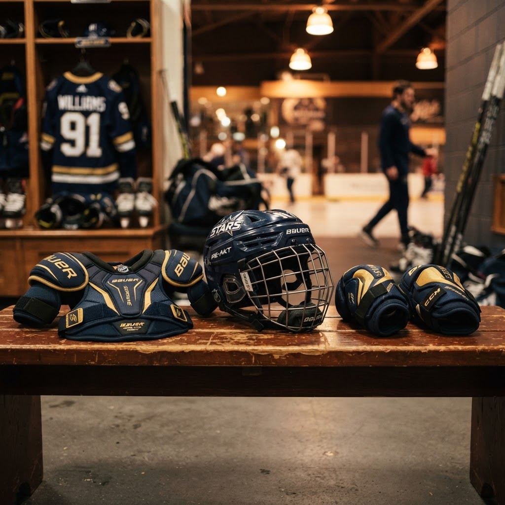Hockey protective gear on locker room bench