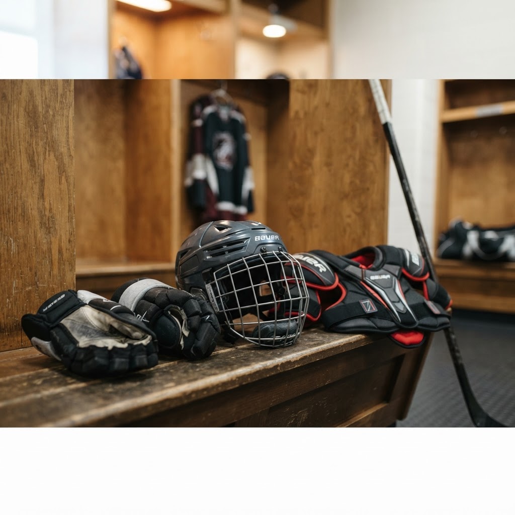 Hockey helmet, shoulder pads, gloves and protective equipment