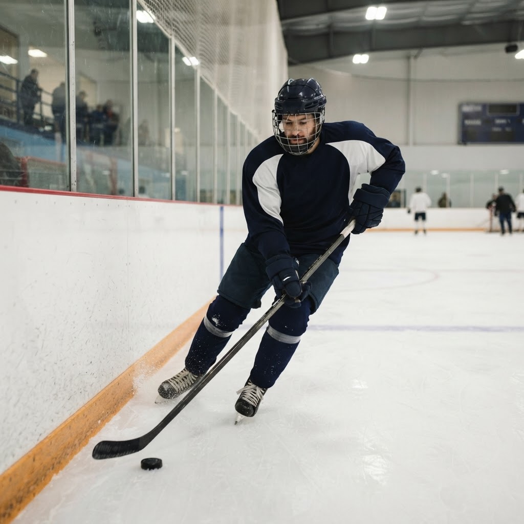 Recreational hockey player handling a stick near the boards