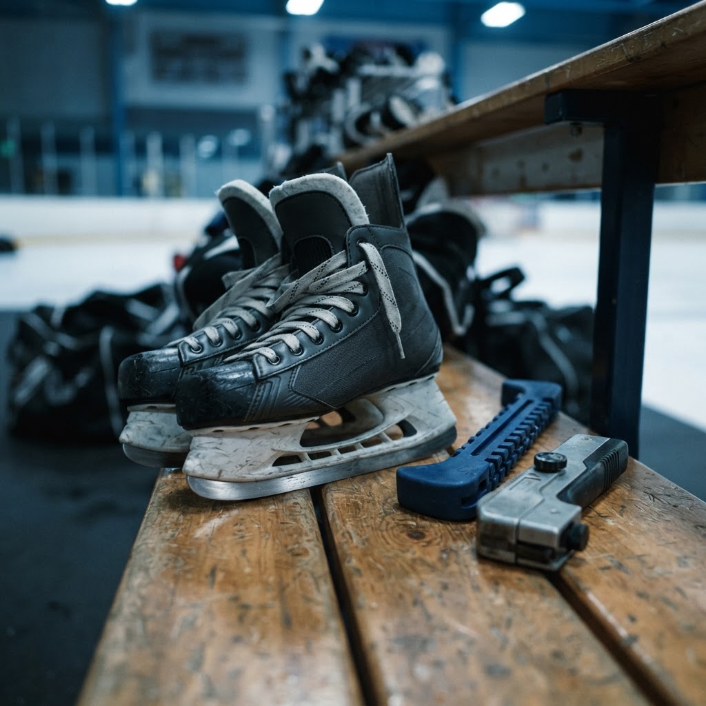 Close-up of ice hockey skates on a rink bench