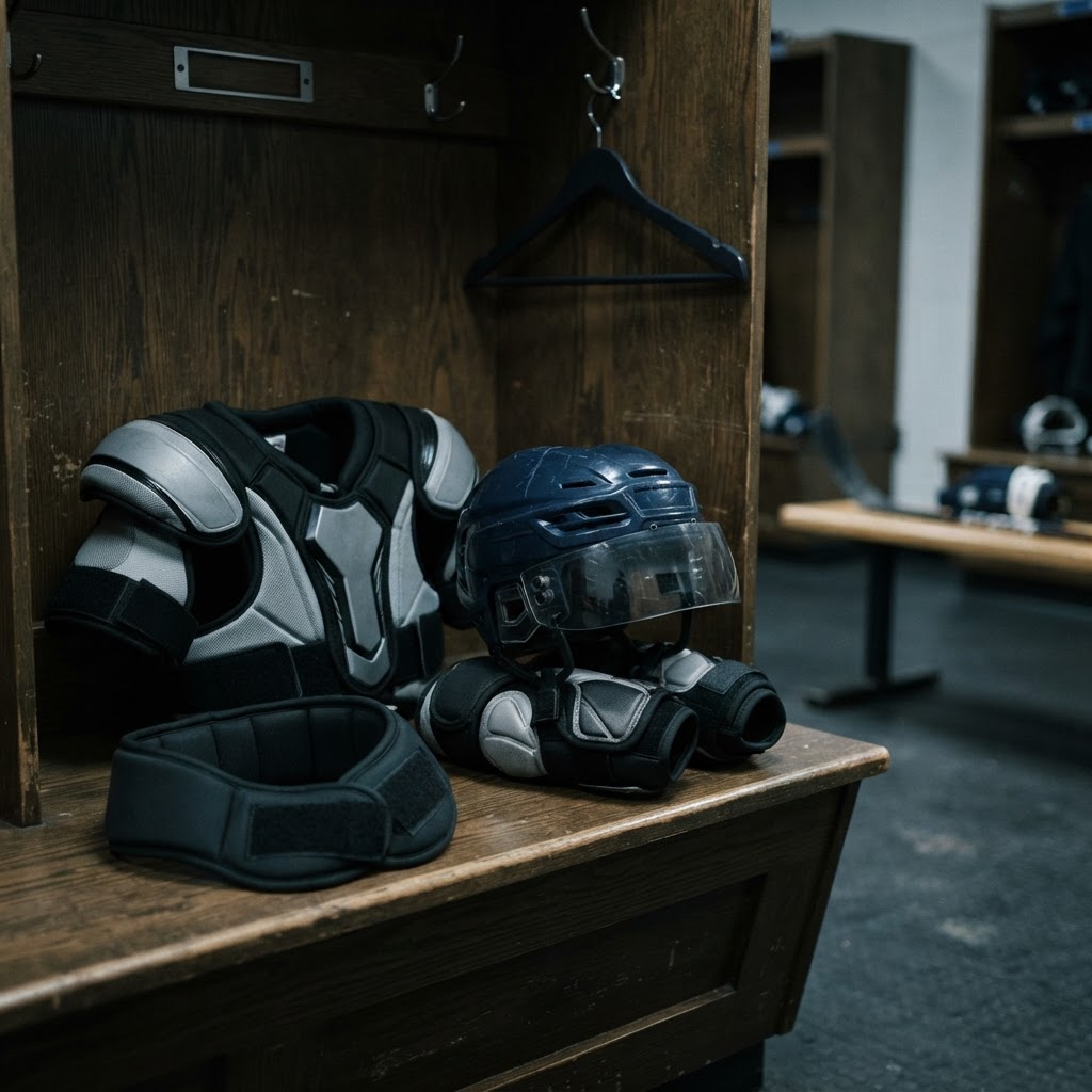 Hockey helmet and protective equipment arranged in a locker room