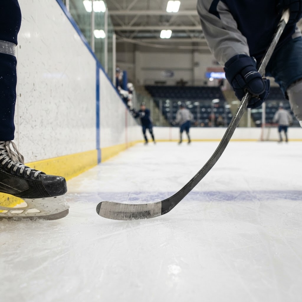 Hockey skate blades and stick beside rink boards