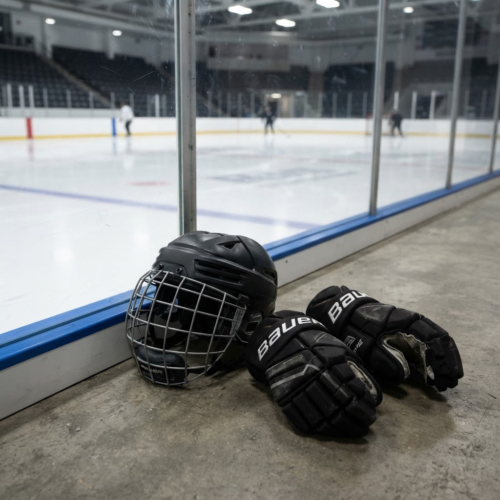 Hockey helmet with cage beside the rink boards