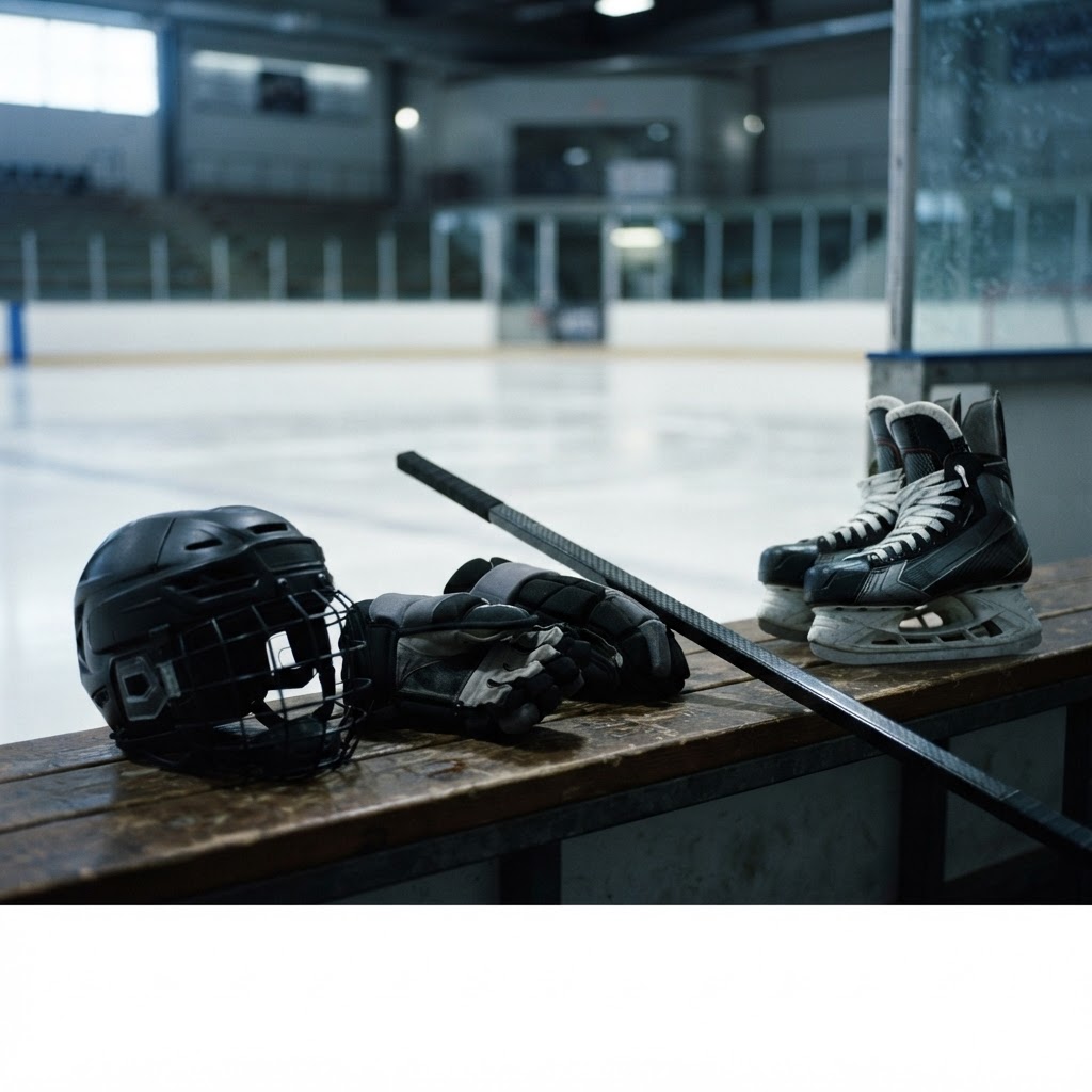 Hockey equipment arranged at rink-side bench