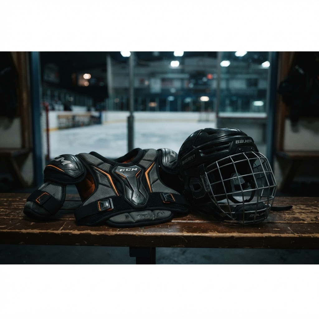 Hockey helmet and shoulder pads in a rink locker room