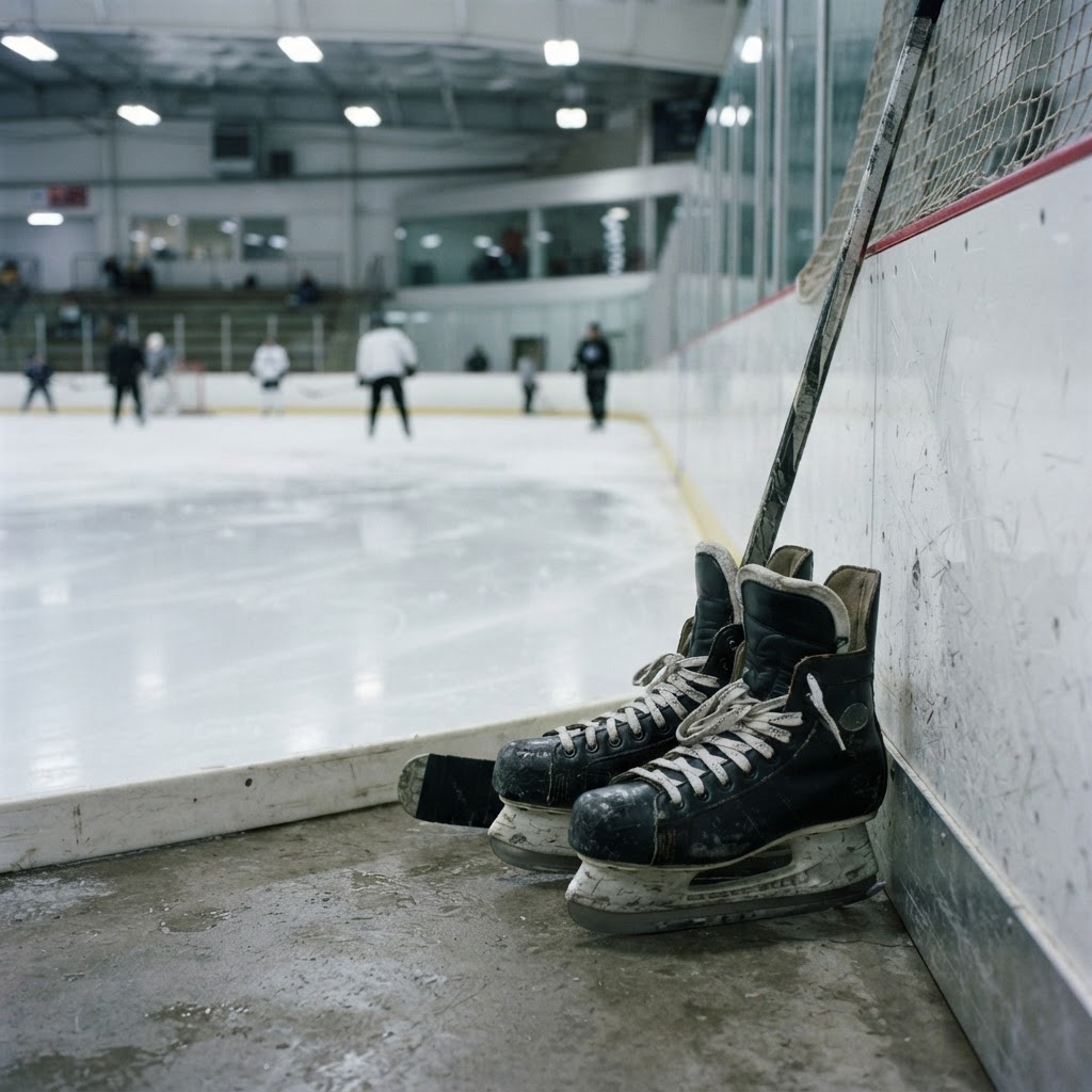 Hockey skates and stick at the rink boards