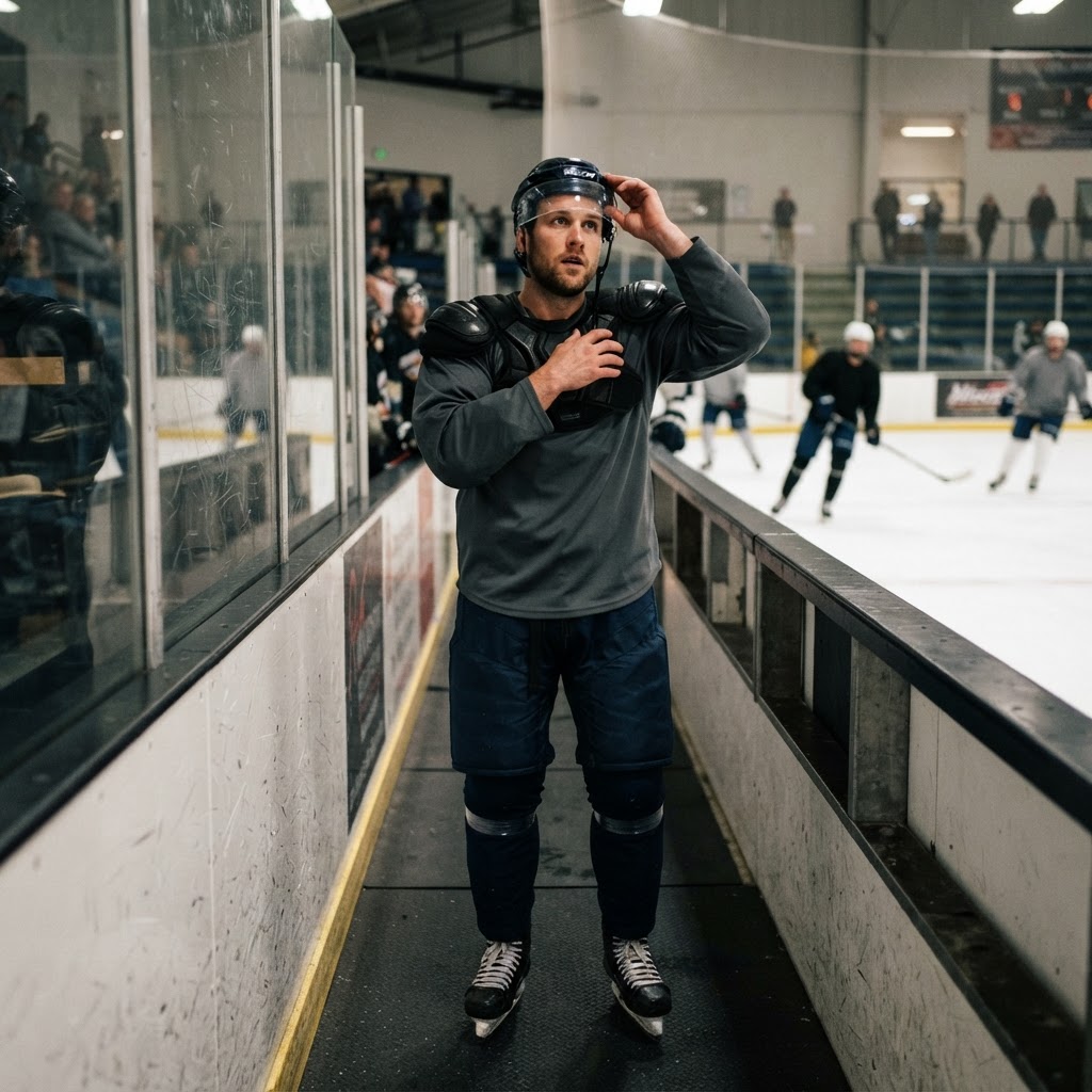 Player wearing a hockey helmet and shoulder pads