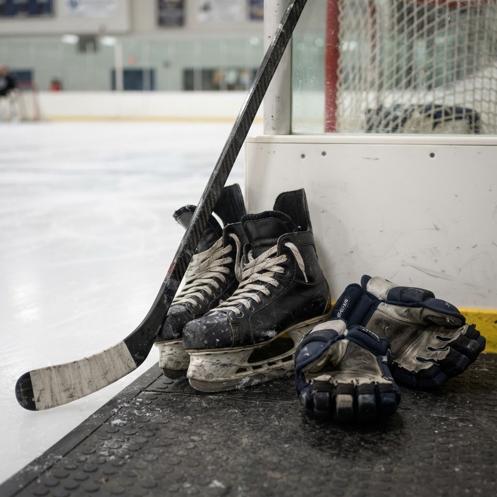 Hockey skates, gloves, and composite stick beside the rink