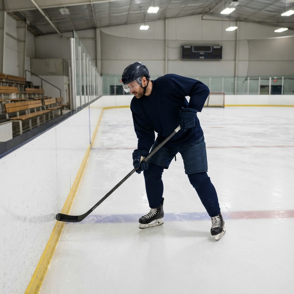 Recreational hockey player testing stick flex