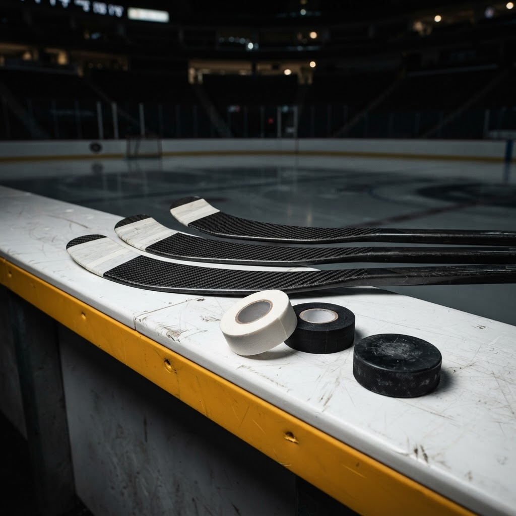 Hockey stick blade curves and tape beside a puck