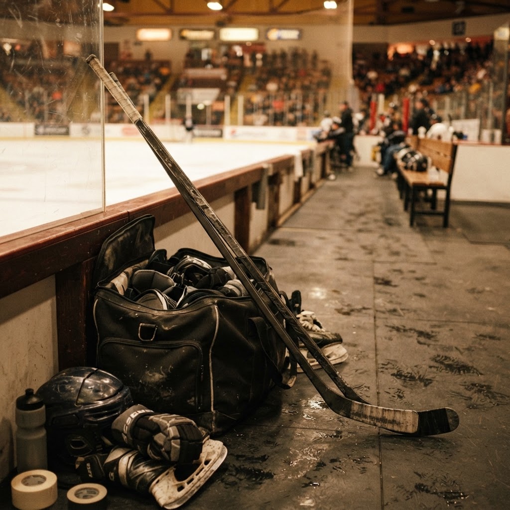 Hockey sticks stored beside the rink