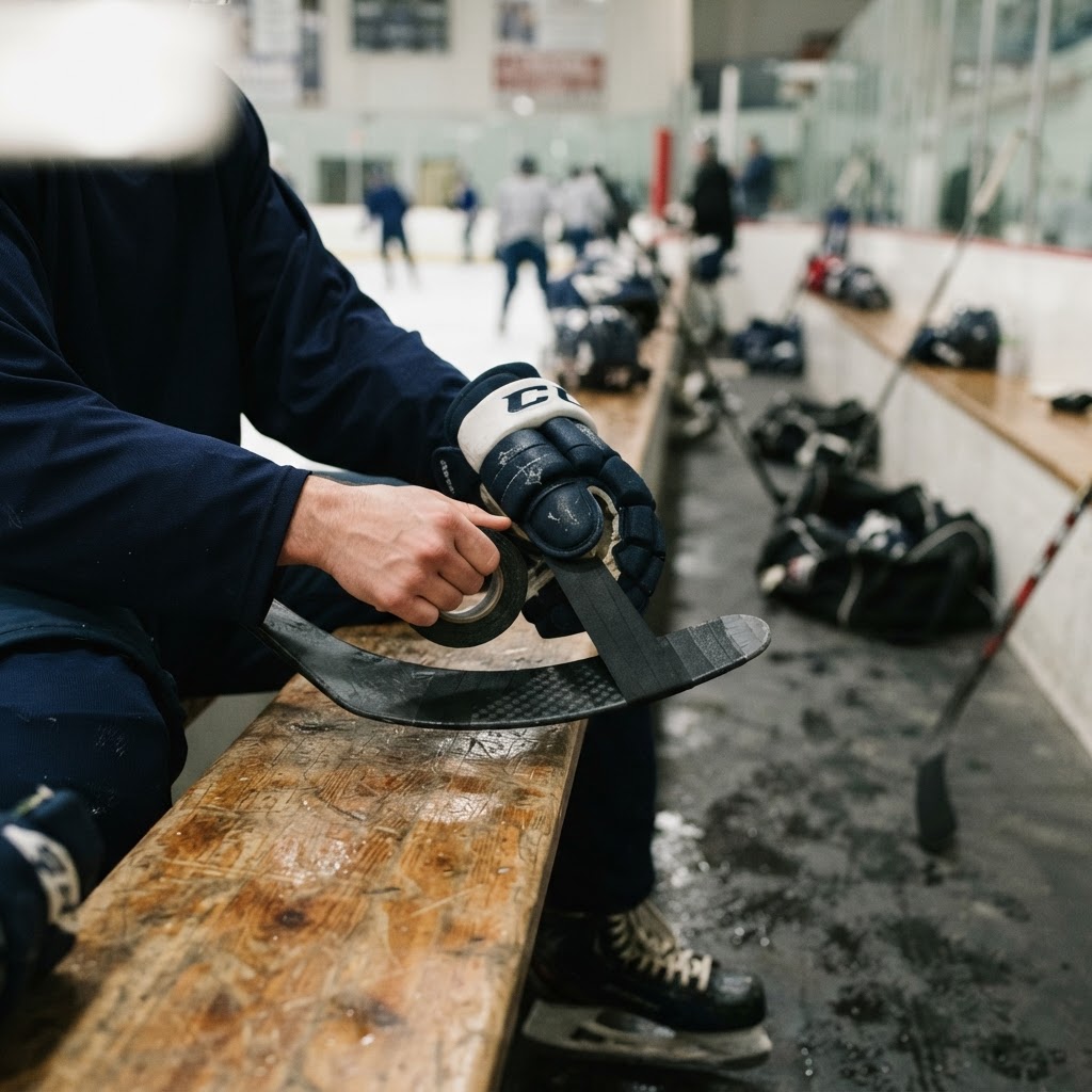 Player taping a hockey stick blade