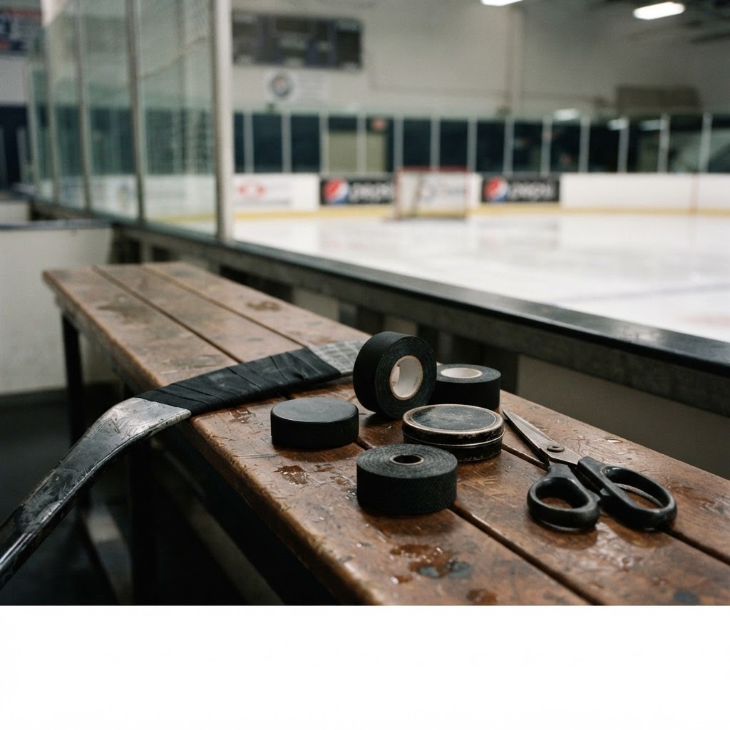 Hockey tape, wax, scissors and puck on a bench