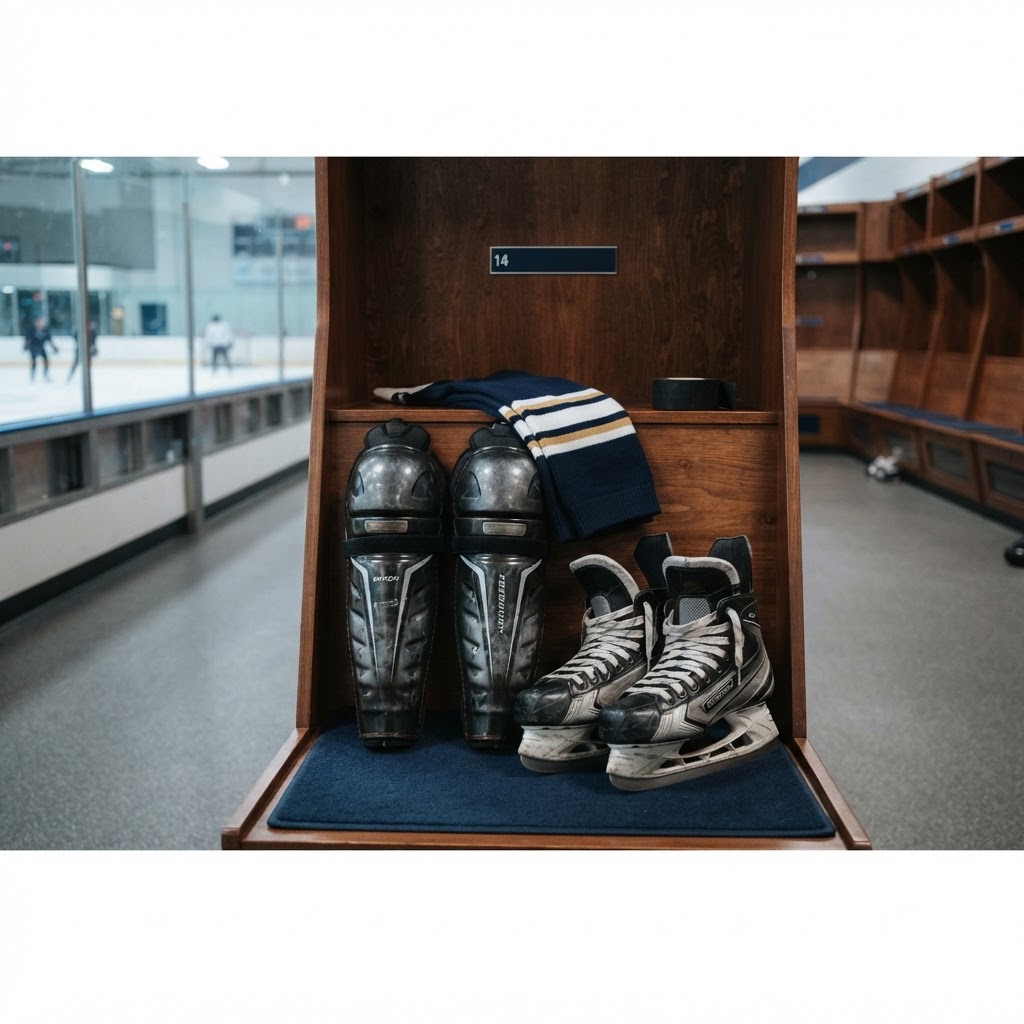 Hockey shin guards, skates and socks arranged in a locker room