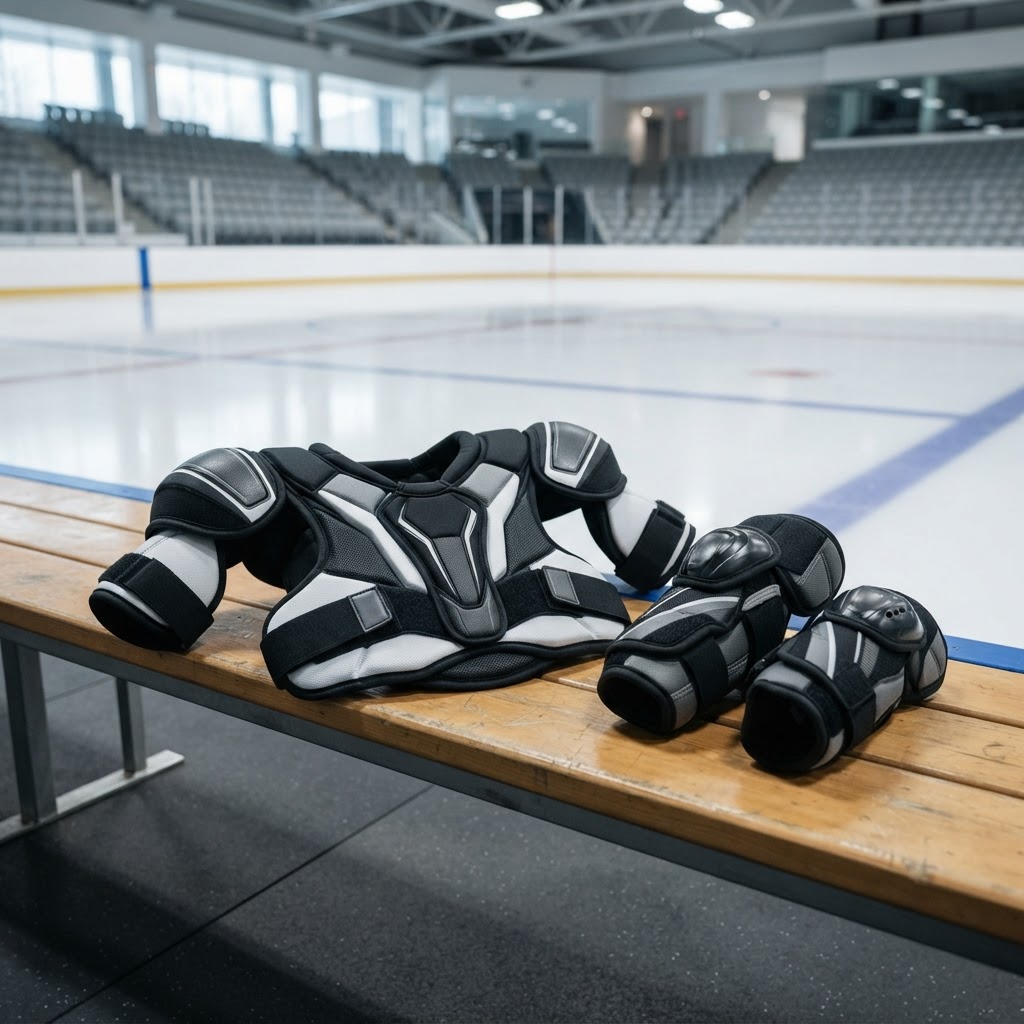 Hockey shoulder pads and elbow pads arranged on a rink-side bench